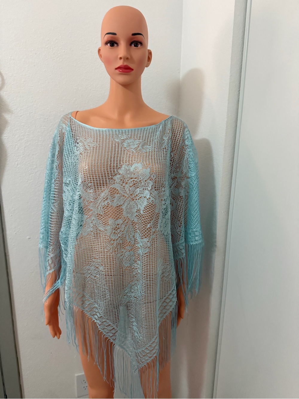 Blue Crochet Lace Fringe Boho Beach Cover Up One Size